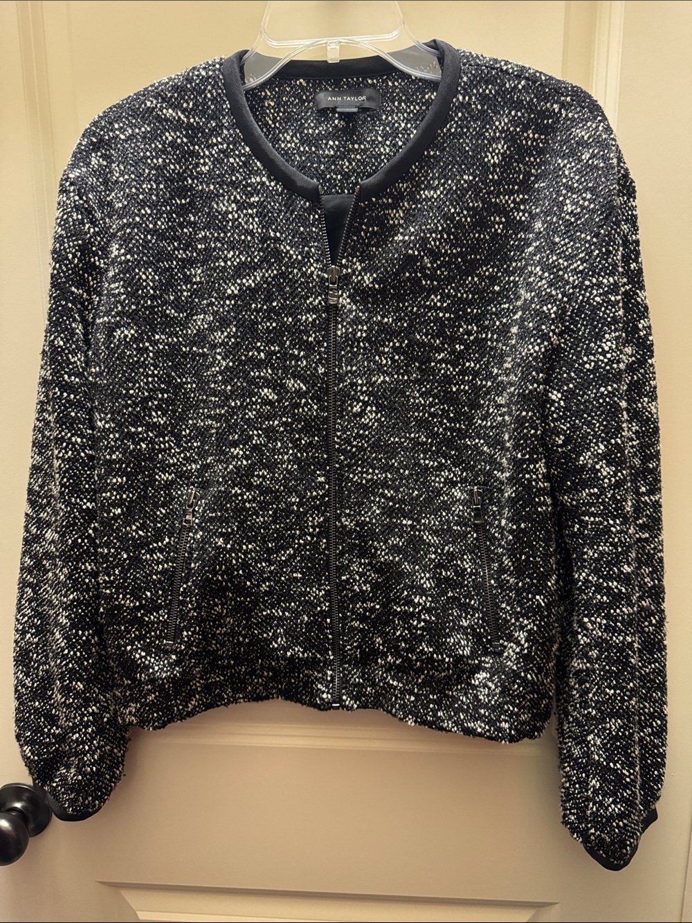 Ann Taylor Black and White Tweed Zip Cardigan Jacket